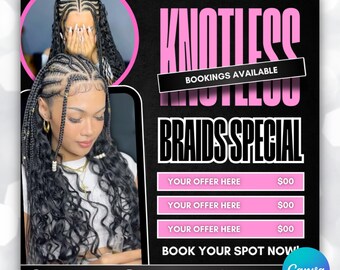Knotless Braids Flyer Template, Editable Canva Price Sheet (Digital Download)
