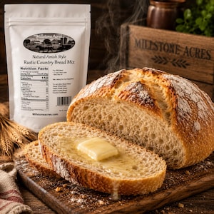 May include: A loaf of rustic country bread, partially sliced, with a pat of melting butter on a slice. A bag of "Natural Amish Style Rustic Country Bread Mix" is in the background, along with a wooden box. The bread is on a wooden cutting board.