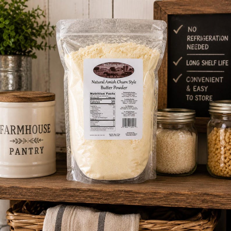 Millstone Acres Natural Salted Butter Powder stored with pantry staples in a farmhouse pantry setting.