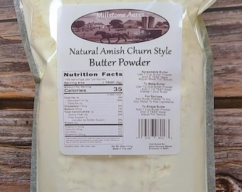 Mantequilla en polvo salada natural Amish – Un elemento esencial para hornear y acampar, con etiqueta limpia.
