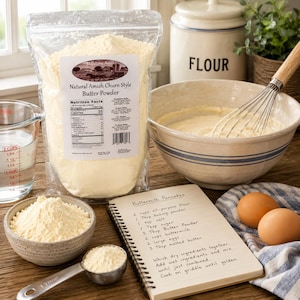 Millstone Acres Natural Salted Butter Powder being measured and mixed into a homemade recipe with a whisk, eggs, and baking ingredients.