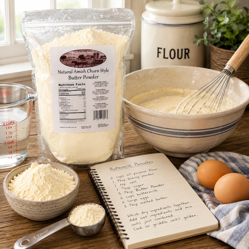 Millstone Acres Natural Salted Butter Powder being measured and mixed into a homemade recipe with a whisk, eggs, and baking ingredients.