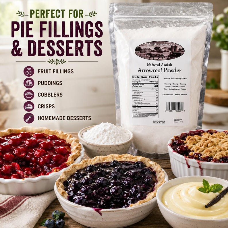 Millstone Acres Arrowroot Powder displayed with cherry pie filling, blueberry pie filling, fruit cobbler, vanilla pudding, and homemade desserts.