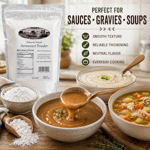 Millstone Acres Arrowroot Powder displayed with thick homemade gravy, creamy sauce, hearty soup, and arrowroot powder in a farmhouse kitchen.