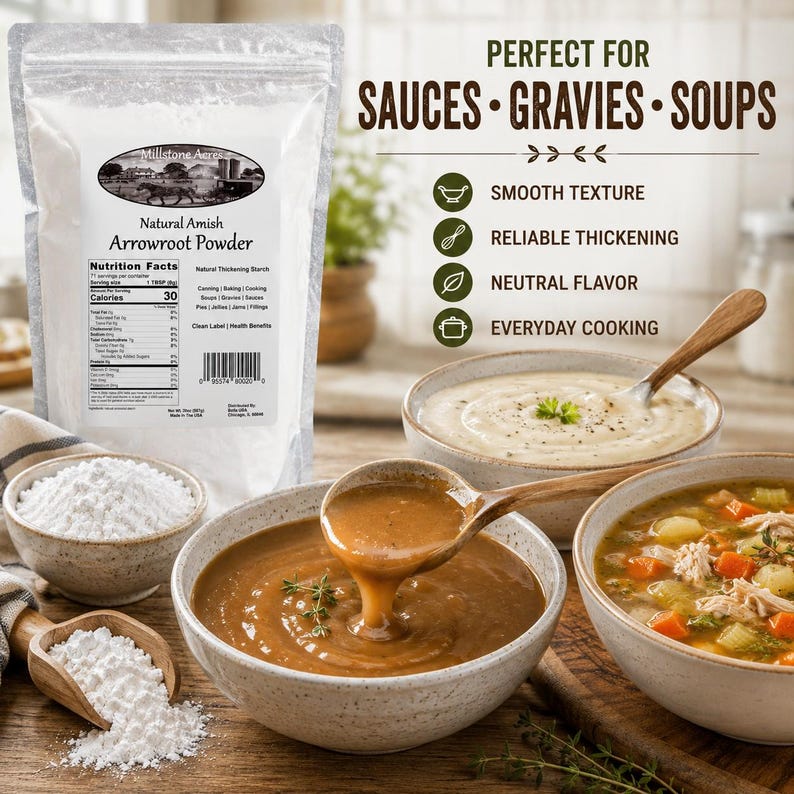 Millstone Acres Arrowroot Powder displayed with thick homemade gravy, creamy sauce, hearty soup, and arrowroot powder in a farmhouse kitchen.