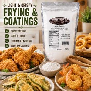 Millstone Acres Arrowroot Powder displayed with crispy fried chicken, fried shrimp, fried vegetables, and homemade cooking applications.