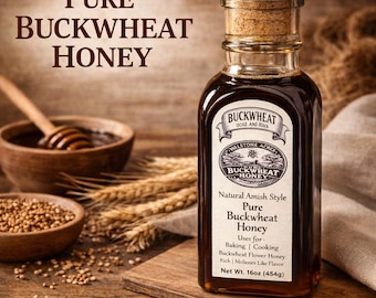 Miel Amish de trigo sarraceno oscuro puro y natural, sabor intenso y rico, en botella de vidrio, Homestead Pantry.