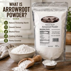 Millstone Acres Arrowroot Powder displayed with arrowroot powder, scoop, measuring spoon, and educational information about arrowroot starch.