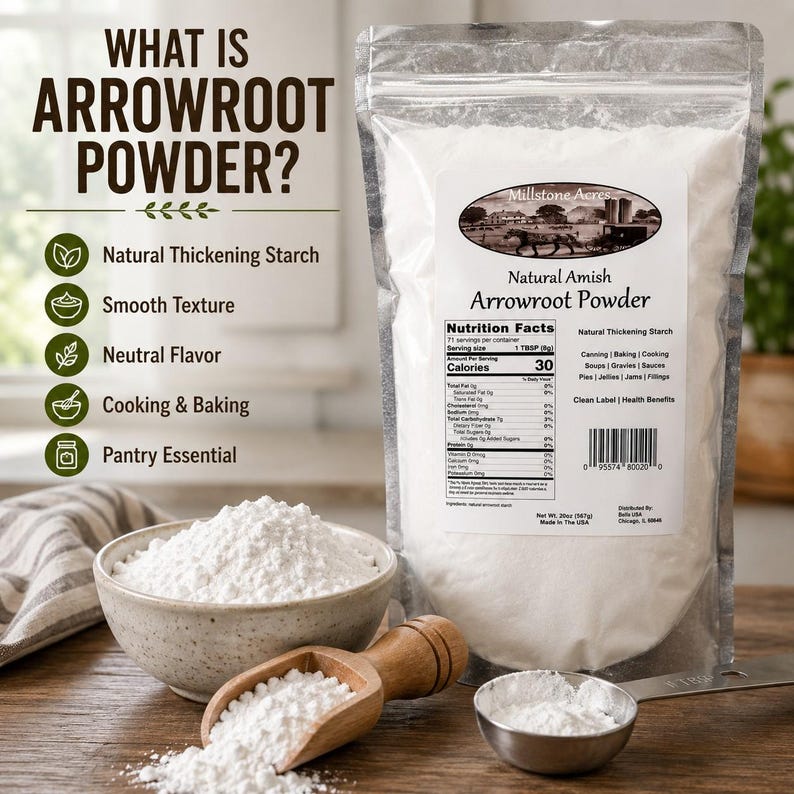 Millstone Acres Arrowroot Powder displayed with arrowroot powder, scoop, measuring spoon, and educational information about arrowroot starch.