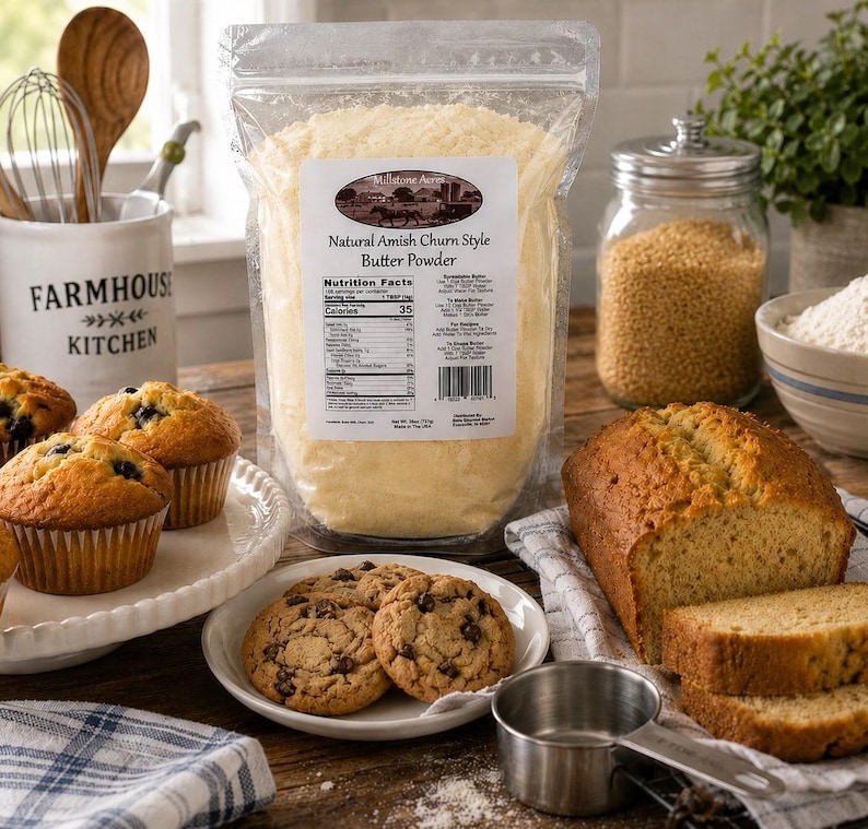 Millstone Acres Natural Salted Butter Powder displayed with homemade muffins, cookies, and quick bread in a bright farmhouse baking scene.