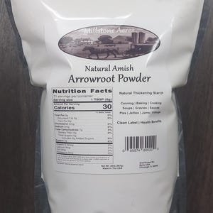 Millstone Acres Amish Natural Arrowroot Powder shown in a black marbled resealable 20oz Package