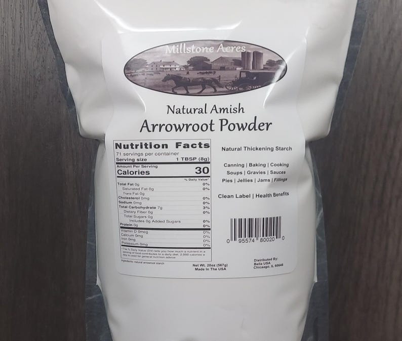 Millstone Acres Amish Natural Arrowroot Powder shown in a black marbled resealable 20oz Package