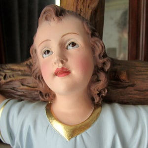 Infant Child Jesus on the Cross . Religious statue Jesus Christ  of the 50s. Santos Olot Antique Vintage
