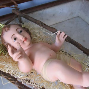 Baby/Infant Jesus Glass Eye Nativity Christmas. Infant Jesus religious antique  Saint Olot Religious Vintage. Wooden cradle