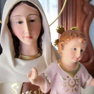 Image Our Lady of Mount Carmel Madonna and Child Glass Eyes Statues of the 40&#39;s. Mary infant Jesus. Catholic art Olot vintage