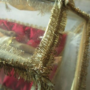 May include: A clear, rectangular glass box with gold trim and a gold fringe. The interior features red and white fabric. The box is likely for displaying or storing small items.