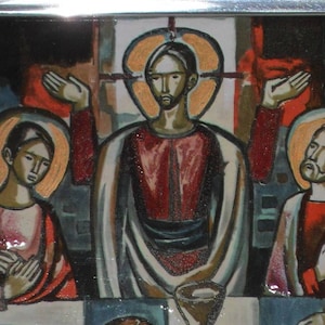 Vintage picture of the sacrament enameled. 70s Last Supper of Christ with the twelve apostles.