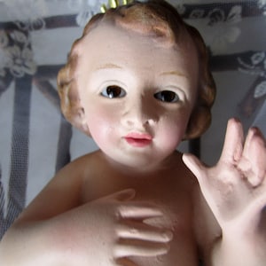 Baby/Infant Jesus Glass Eye Nativity Christmas. Infant Jesus religious antique  Saint Olot Religious Vintage. Wooden cradle