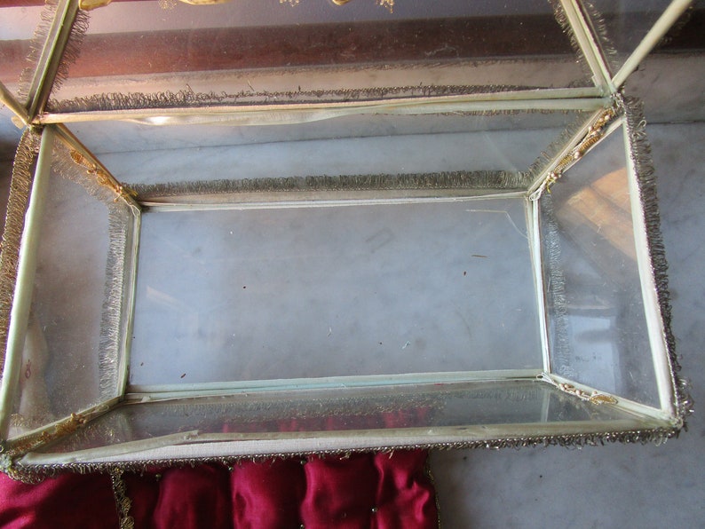 May include: A rectangular glass display case with a gold-coloured metal frame and trim. The case has a hinged top and is lined with a red, tufted fabric. The edges are trimmed with a gold-coloured fringe.