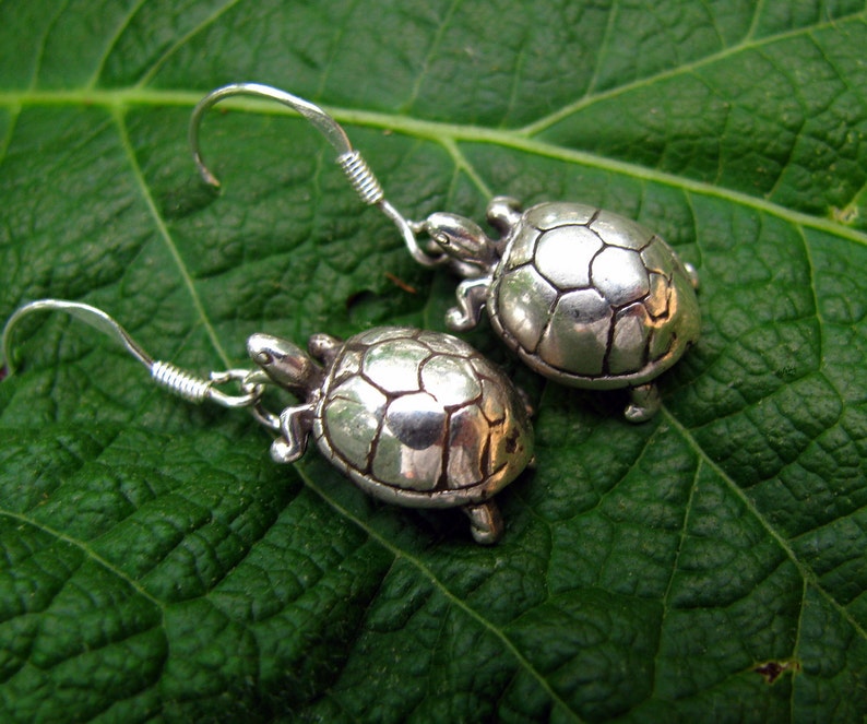 Adorable Handmade Woodland Silver Turtle Drop Earrings in | Etsy