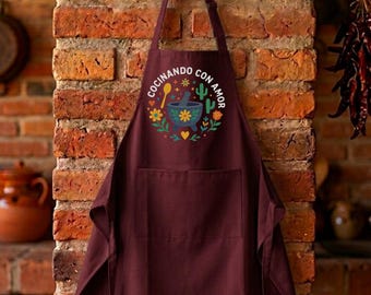 Apron Cocinando Con Amor, Mexican Molcajete Cactus Floral Design