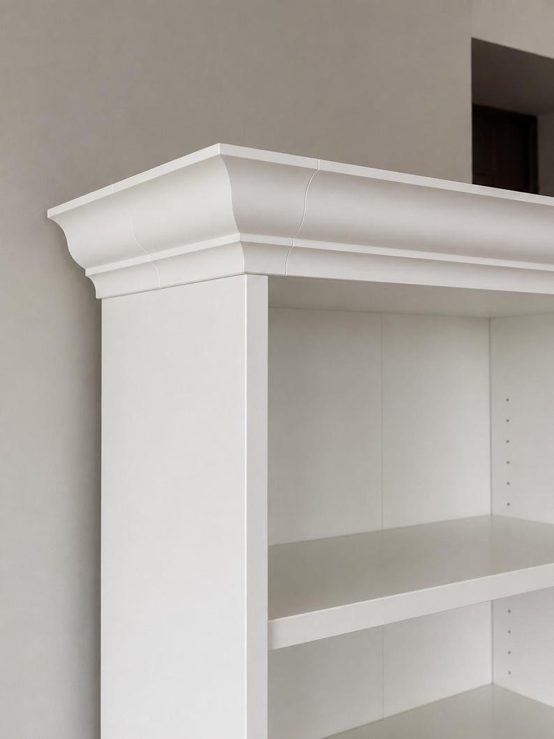 Modular IKEA BILLY crown moulding detail