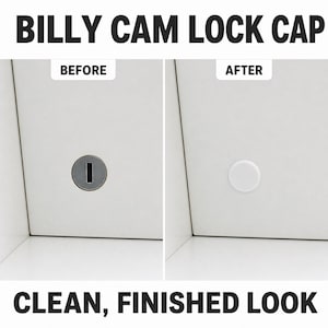 May include: A white Billy cam lock cap shown in a before and after comparison. The before side displays a grey metal cam lock on a white surface, while the after side shows the same surface covered by a smooth, round, white plastic cap.