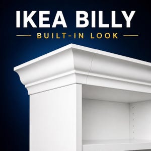 May include: A white crown molding trim piece attached to the top of a white IKEA BILLY bookcase. The text IKEA BILLY BUILT-IN LOOK is displayed in white and gold lettering above the furniture piece against a dark blue background.