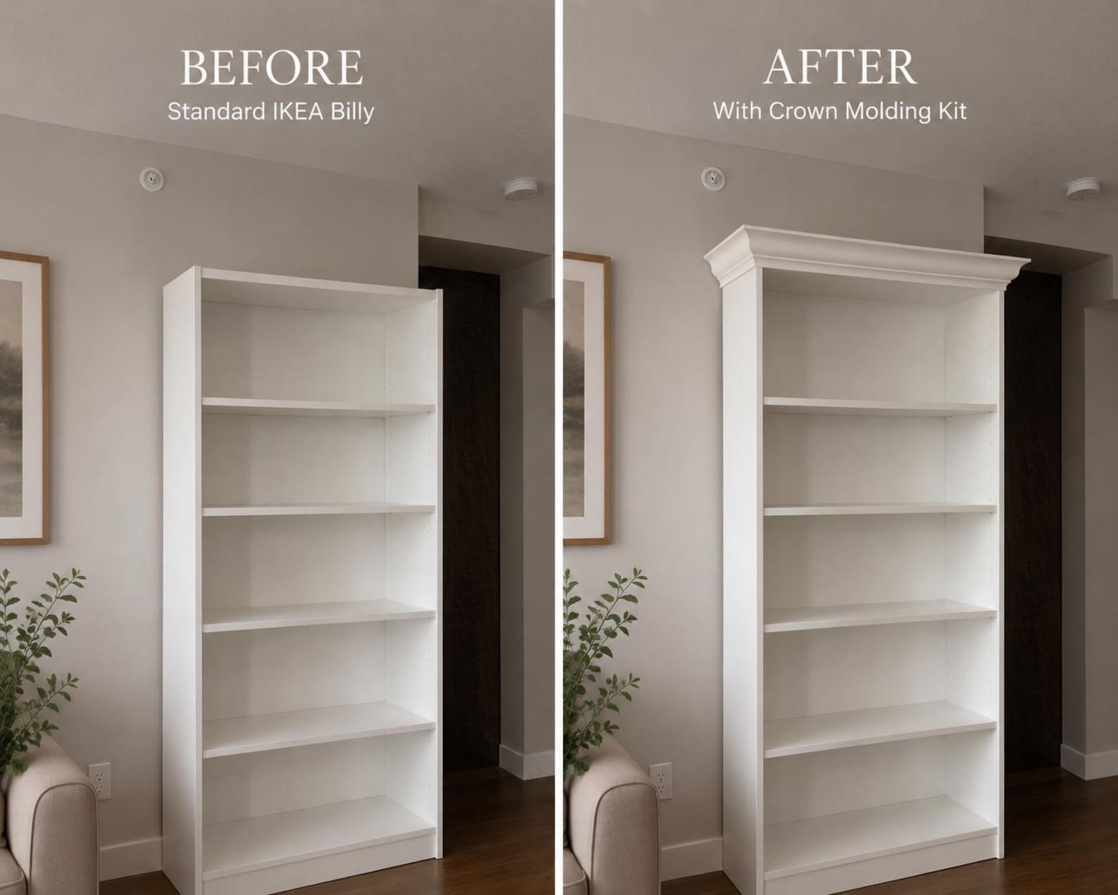 BILLY bookcase moulding kit installed