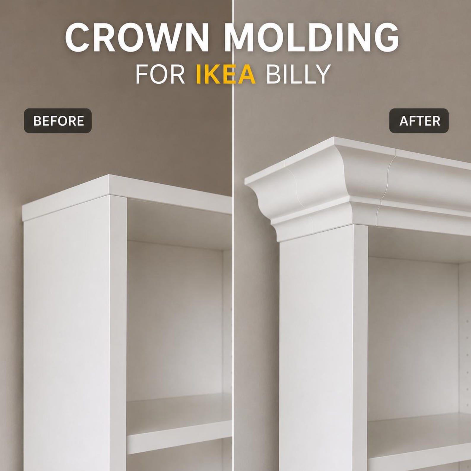 IKEA BILLY bookcase crown moulding upgrade by FURNIX