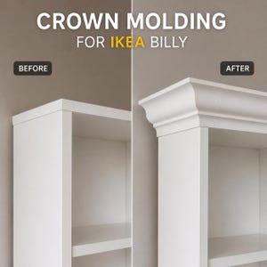 May include: A white crown molding kit for an IKEA Billy bookcase, shown in a before and after comparison. The text reads CROWN MOLDING FOR IKEA BILLY, BEFORE, and AFTER. The molding adds a decorative, curved top edge to the flat white shelf unit.