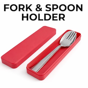 May include: A red fork and spoon holder with a stainless steel fork inside. The holder is rectangular and has a matching lid. The text "FORK & SPOON HOLDER" is at the top.