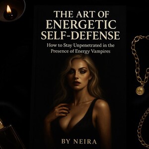 以下が含まれることがあります： 「THE ART OF ENERGETIC SELF-DEFENSE」というタイトルの本と、「How to Stay Unpenetrated in the Presence of Energy Vampires」というサブタイトル。表紙には女性と金のジュエリーが描かれています。ろうそくと香水瓶も表示されています。