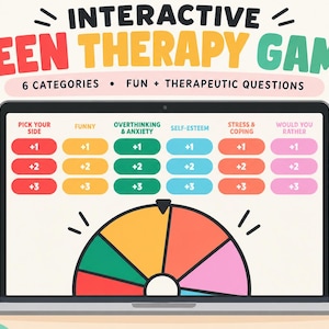 May include: A digital interactive teen therapy game displayed on a laptop screen. The interface features six colour-coded categories including Pick Your Side, Funny, Overthinking & Anxiety, Self-Esteem, Stress & Coping, and Would You Rather with point values.