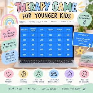 May include: A digital therapy game for younger kids displayed on a laptop screen, featuring a blue grid with categories like Feelings, Coping Skills, Fun, Friends, Family, and Silly, with point values from 100 to 500 and a sample question card.