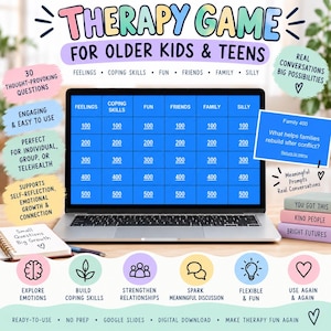 Op de afbeelding: Een digitaal therapiespel voor oudere kinderen en tieners op een laptopscherm, met een blauw raster met categorieën zoals gevoelens, copingvaardigheden, plezier, vrienden, familie en gekkigheid, met puntwaarden van 100 tot 500.