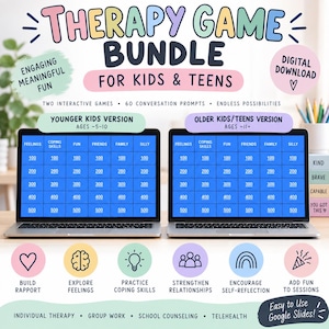 May include: A digital therapy game bundle for kids and teens displayed on two laptops. The screens show a blue grid with categories like Feelings, Coping Skills, Fun, Friends, Family, and Silly, with point values from 100 to 500. Includes text labels for age groups, digital download info, and icons for building rapport and exploring feelings.