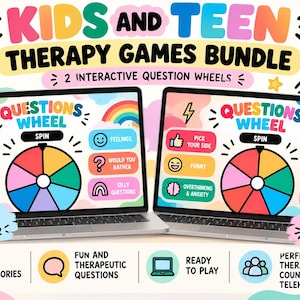 May include: Two laptops displaying a Kids and Teen Therapy Games Bundle with interactive question wheels. The screens feature colorful graphics, categories like Self Esteem and Social Skills, and text including Kids Ages 6-12 and Teens. The design uses bright colors and icons.