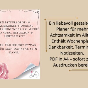May include: A digital planner with text in German, featuring a pink watercolor background and a rose illustration. The planner includes sections for planning, reflection, and gratitude, and is available as a PDF for printing.