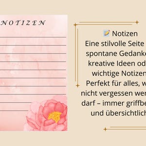 May include: A lined notepad with the word "NOTIZEN" at the top. The notepad has a watercolor-style background in shades of pink and a large pink flower in the corner. Text on the right side describes the notepad.