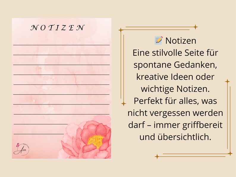 May include: A lined notepad with the word "NOTIZEN" at the top. The notepad has a watercolor-style background in shades of pink and a large pink flower in the corner. Text on the right side describes the notepad.