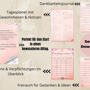 May include: A digital download featuring a gratitude journal with daily planner pages, weekly overviews, and space for reflections and notes. The design is in soft pink with floral accents and text in German.