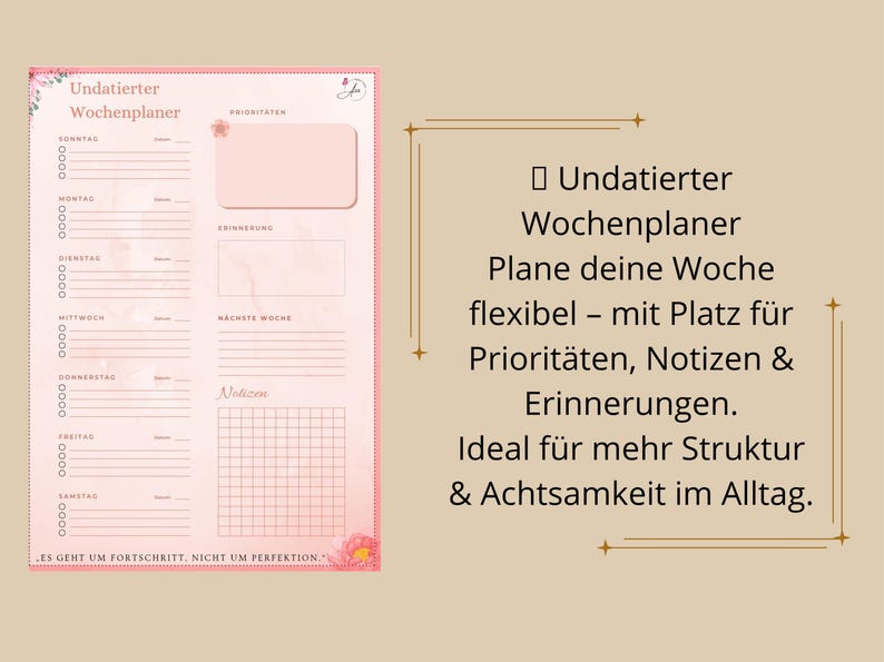 May include: A pink undated weekly planner with sections for each day of the week, priorities, notes, and reminders. The planner has a floral design and text in German.