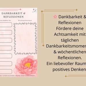 May include: A pink and white gratitude journal with the words "DANKBARKEIT & REFLEXIONEN" at the top. The journal includes space for daily and weekly reflections, and a watercolor flower illustration.