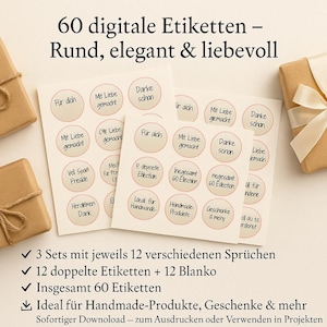 Runde Digitale Etiketten Deutsch – Druckbare PDF Aufkleber für Marmeladengläser, Geschenkaufkleber & Scrapbooking