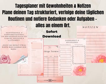 Può includere: Una raccolta di pagine di pianificazione stampabili rosa e bianche con accenti floreali. Le pagine includono sezioni per le routine quotidiane, le note, la gratitudine e gli appuntamenti. Il testo in tedesco recita "Tagesplaner mit Gewohnheiten & Notizen" e "Sofort Download."