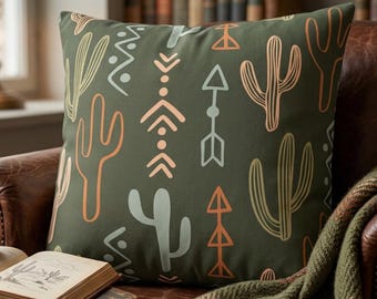 Cactus Pillow Cover Green Boho Southwest Desert Print Faux Suede Terracotta Tribal Cushion Aztec Western Living Room Decor