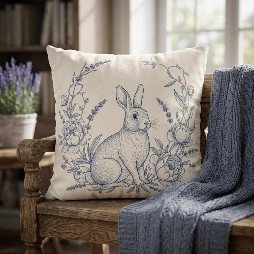 Bunny Pillow Cover Blue Toile Rabbit Floral Print Faux Suede Vintage ...