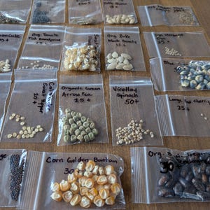 May include: A collection of small, clear plastic bags filled with various seeds, including corn, tomatoes, and spinach. Each bag is labeled with the seed type and a number, likely indicating the quantity. The seeds are displayed on a wooden surface.
