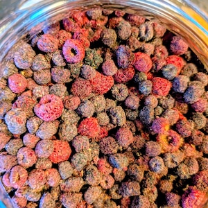 May include: Close-up of a glass jar filled with dried berries. The berries are a mix of red, purple, and dark blue hues, with a textured, slightly shriveled appearance. The jar is made of clear glass, allowing the berries to be the focal point.